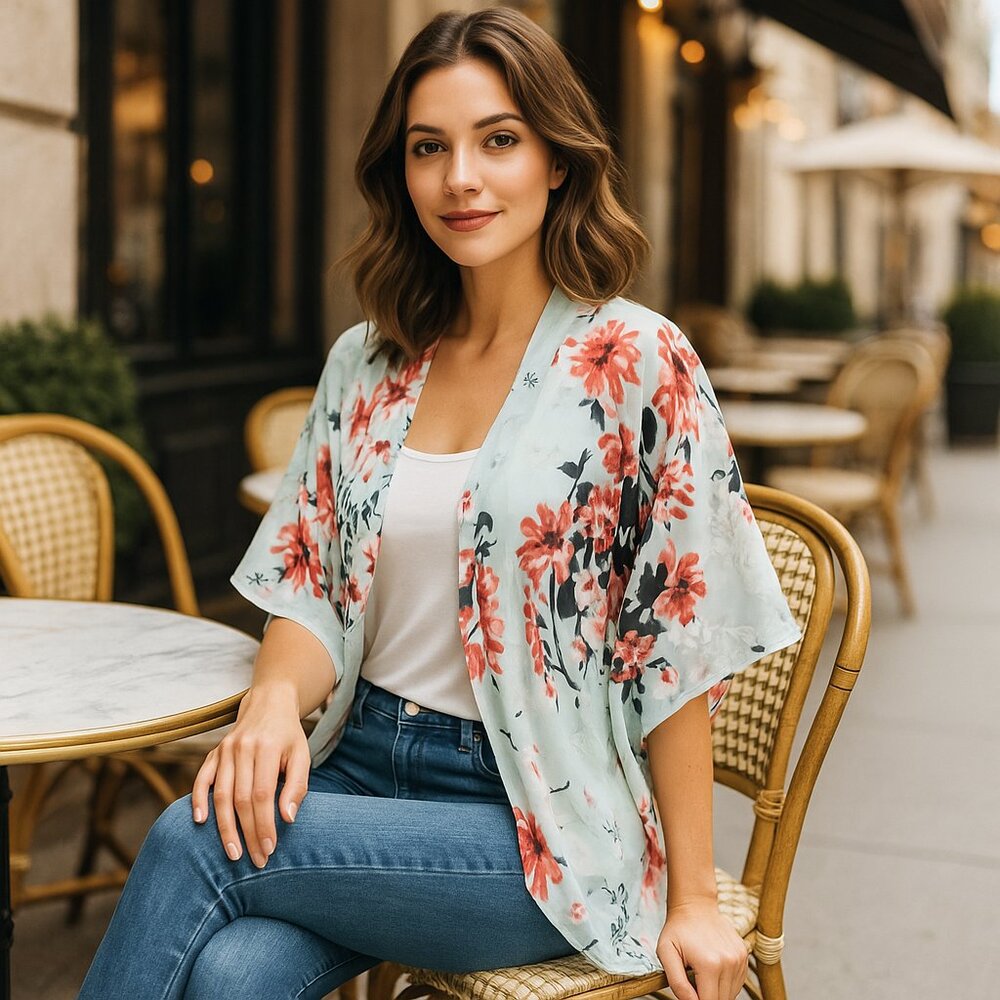 🌸Floral Kimono Cardigan – Lightweight Sheer Layer – Pastel Garden Print – XL